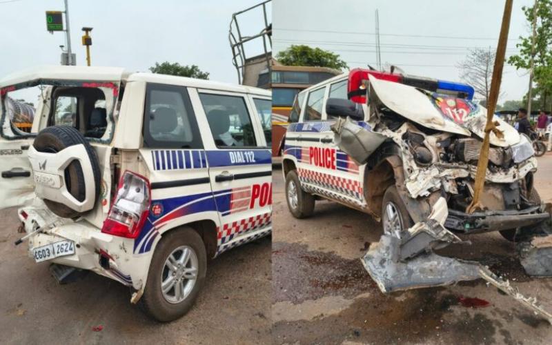 Major collision involving three vehicles on the Raipur-Arang highway; Dial-112 vehicle and passenger bus damaged. hindi news big news khabargali 