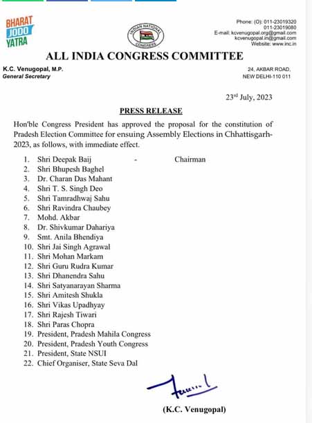 Formation of the Election Committee of Chhattisgarh, K.C.  Venugopal, Deepak Baij, Chief Minister Bhupesh Baghel, Dr. Charandas Mahant, T.S.  Singh Dev, Tamradhwaj Sahu, Ravindra Choubey, Mohd.  Akbar, Dr. Shivkumar Dahria, Anila Bhendia, Jaisingh Agarwal, Mohan Markam, Guru Rudrakumar, Dhanendra Sahu, Satyanarayan Sharma, Amitesh Shukla, Vikas Upadhyay, Rajesh Tiwari, Paras Chopra, Khabargali