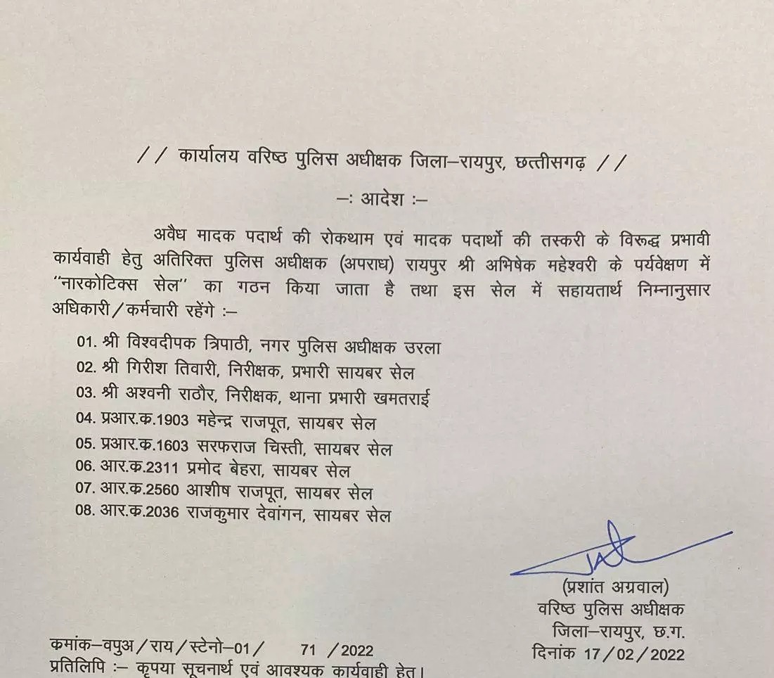 Drug dealing, Narcotics Cell, Crime Additional SP Abhishek Maheshwari, CSP Vishwadeepak Tripathi, Inspector Girish Tiwari, Ashwani Rathore, Principal constable Mahendra Rajput, Sarfaraz Chisti, constable Pramod Behera, Ashish Rajput, Rajkumar Devangan, Raipur, Chhattisgarh, Khabargali