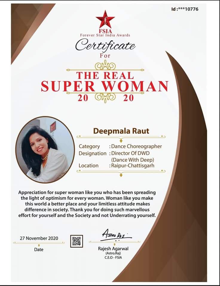 Choreographer, Deepmala Raut, The Real Super Woman 2020, Award, Raipur, FSI, , Khabargali,  DWD, Dance With Deep, FSIA,Forever Star India Awards