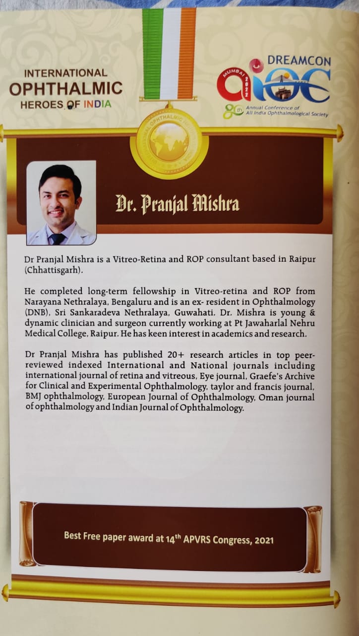 Dr. Pranjal Mishra, Young Eye and Retina Specialist, Raipur, Mumbai, National Association of Ophthalmologists, All India Ophthalmological Society, Research paper on retinal retina, Best Paper Award, Asia Pacific Conference, Life Line Express, Dr.  Dinesh Mishra, Chhattisgarh, Khabargali