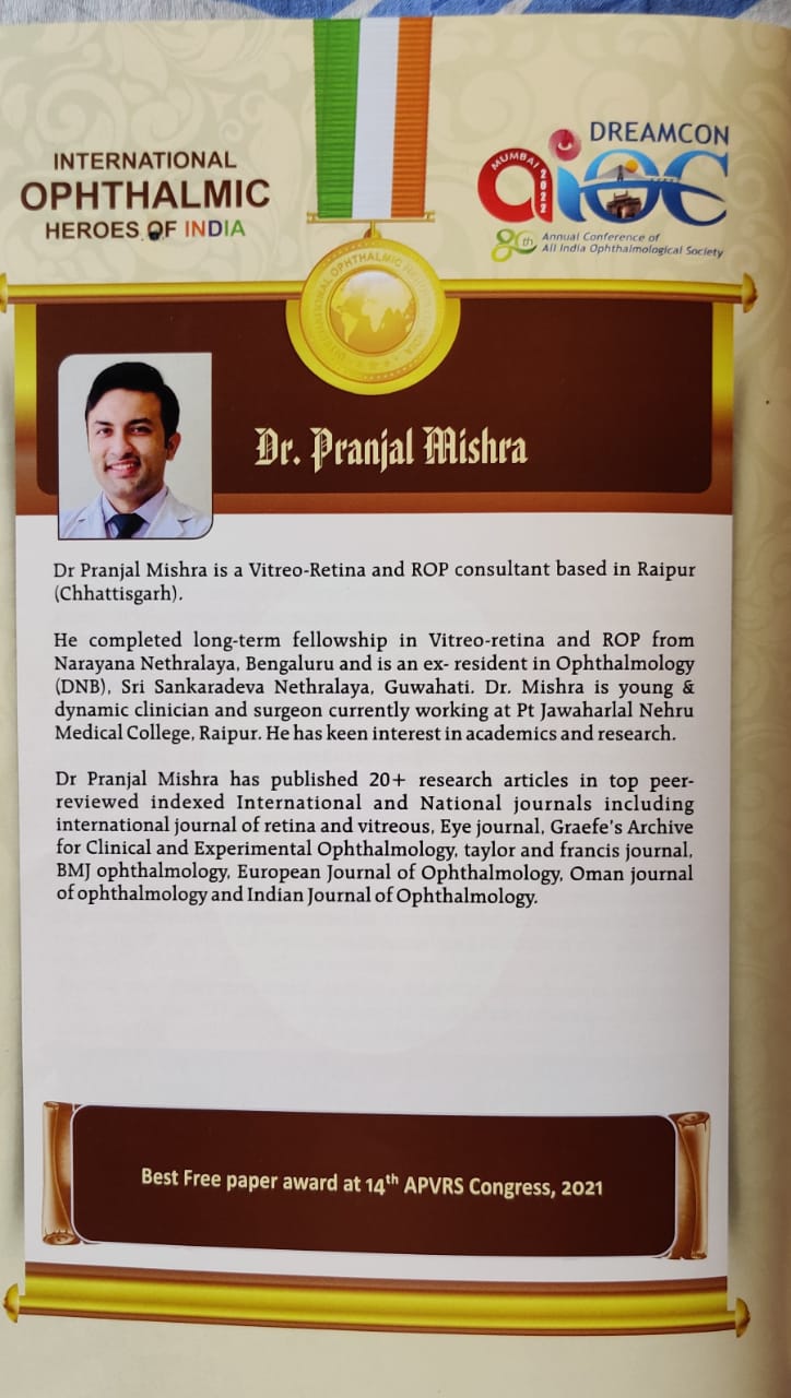 Dr. Pranjal Mishra, Young Eye and Retina Specialist, Raipur, Mumbai, National Association of Ophthalmologists, All India Ophthalmological Society, Research paper on retinal retina, Best Paper Award, Asia Pacific Conference, Life Line Express, Dr. Dinesh Mishra, Chhattisgarh, Khabargali