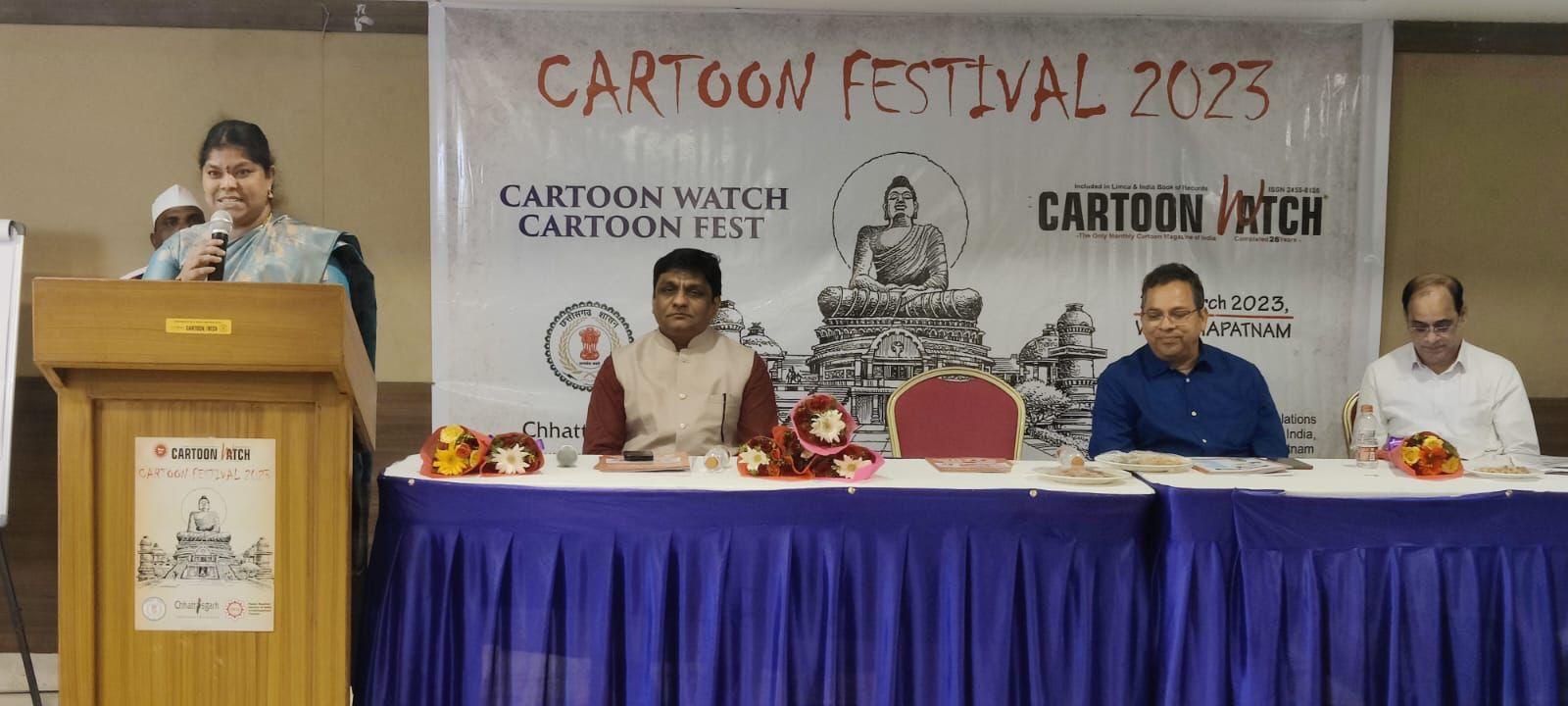 Cartoon Watch Cartoon Festival, Cartoonists M.Shankar Rao, T.Venkata Rao, Hari Venkata Ramana, Jeevan Gaurav Award, Life Time Achievement Award, Cartoon Watch Editor Trimbak Sharma, Andhra Pradesh, Visakhapatnam Mayor inaugurated by drawing a cartoon, Smt.  Hari Venkata Kumari, Managing Director of Chhattisgarh Tourism Board Anil Kumar Sahu, Khabargali