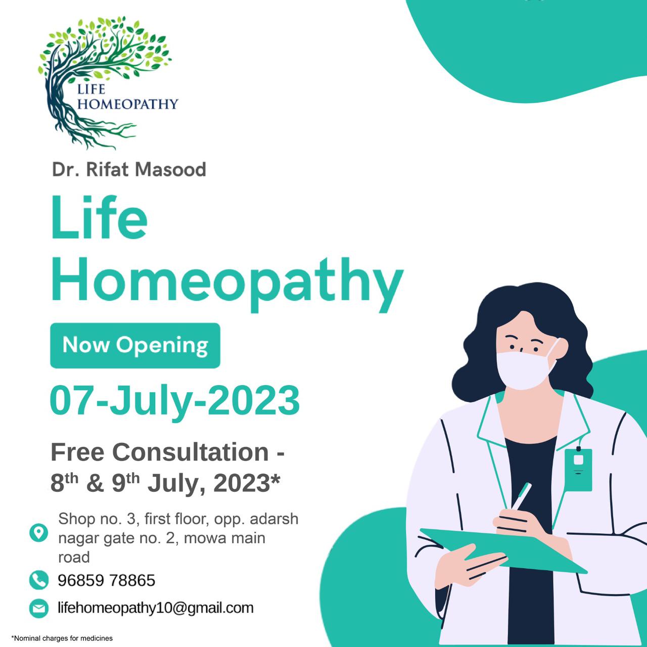 Dr. Rifat Masood, Life Homeopathy Clinic, Vidhan Sabha Road, Opposite Adarsh ​​Nagar Gate No. 2, Mova, Free Medical Camp, Raipur, Chhattisgarh, Khabargali