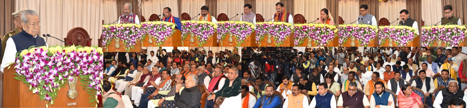 Chief Minister Vishnu Dev Sai, Deputy CM Arun Sao, Vijay Sharma, Governor Harichandan, Raj Bhavan, Brijmohan Agarwal, Ramvichar Netam, Dayaldas Baghel, Kedar Kashyap, Lakhan Lal Dewangan, Shyam Bihari Jaiswal, OP Choudhary, Lakshmi Rajwade and Tankaram Verma took oath,  khabargali