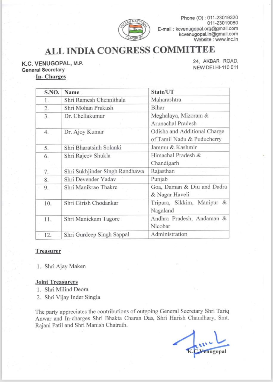  Congress' organization in-charge in Chhattisgarh, Kumari Selja has been replaced by Sachin Pilot, Organization General Secretary K.C. Venugopal, Khabargali