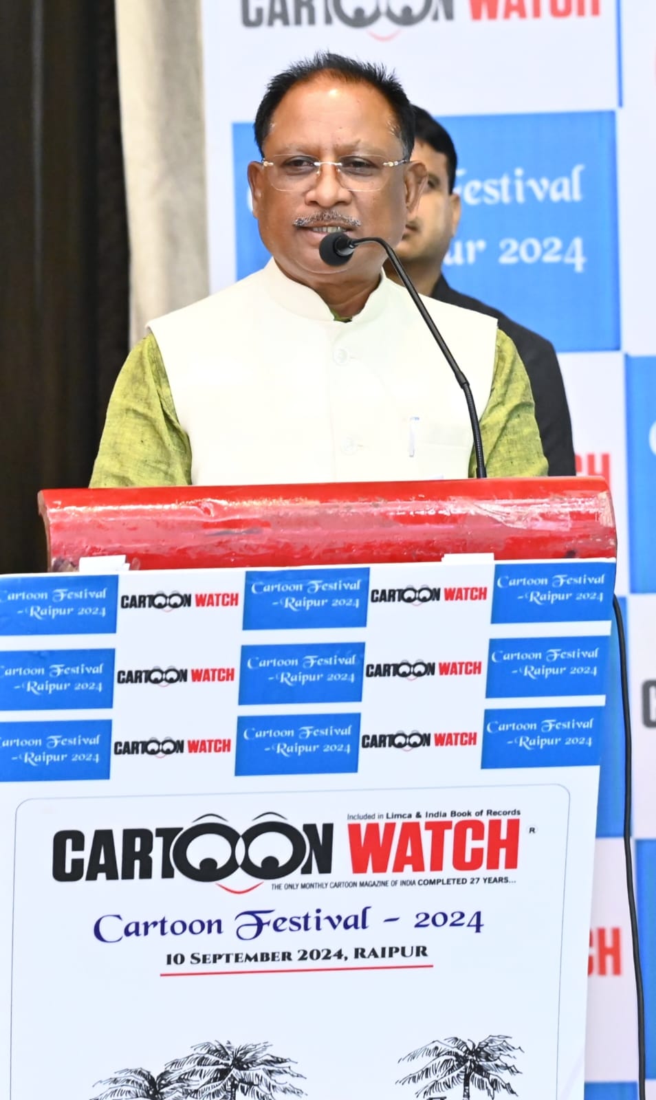 Chief Minister Sai inaugurated the cartoon festival by making a cartoon, Cartoon Watch, the country's only cartoon magazine, organised cartoon festival in Raipur, cartoonists honoured, Indore's cartoonist Shri Ismail Lahri honoured for his special contribution in the field of cartoon, release of cartoon book 'Tulsi Sugandh' based on the couplets of Saint Shri Tulsidas ji, Assembly Speaker Dr Raman Singh, Raipur MP Brijmohan Agarwal, senior journalist Dr Himanshu Dwivedi, Cartoon Watch editor Trayambak Sharma, KhabarGali