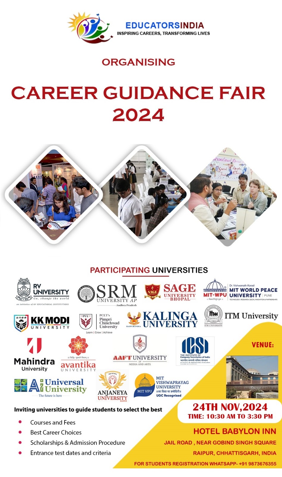 Career Fair 2024 in Raipur, organized by Educators India on 24th November, a golden opportunity open for all the students of the state to shape their future, Educators India Delhi, a career fair at Hotel Babylon, Station Road Raipur, will get a chance to meet and interact with representatives from more than 25 leading universities of Asia, Sunil Prajapati, Chhattisgarh, Khabargali