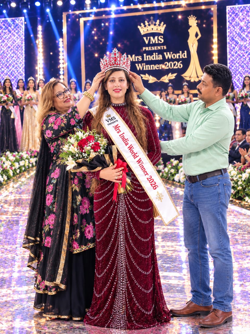 Naini Tiwari of Raipur, Chhattisgarh created history, became Mrs India World Winner 2026, Beauty Contest, Gym Trainer Gaurav, Founder and CEO of VM Management and Securtas, Raipur Jitendra Singh Chaudhary and Organizer Kavita Singh, Khabargali