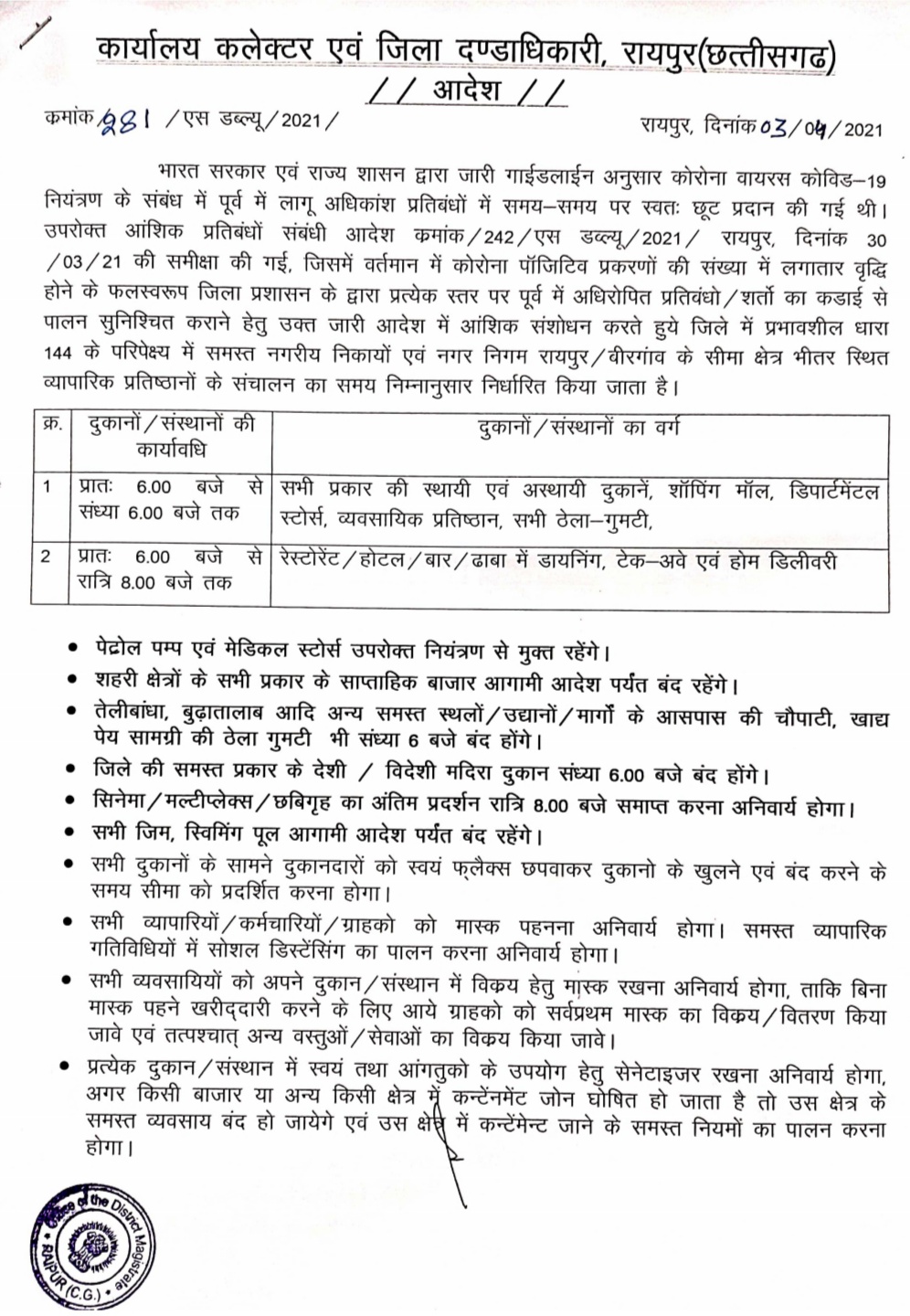 Corona Transition, Collector and District Magistrate Dr. S. Bharatidasan, Guide Line Continued, Raipur, Chhattisgarh, Khabargali