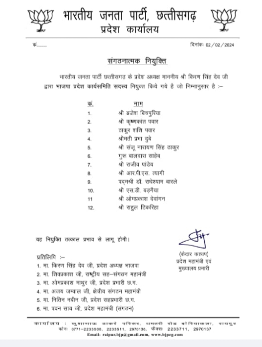 BJP's state unit declared, four general secretaries including Sanjay Srivastava, Ramji Bharti and Jagdish (Ramu) Rohra and Bharatlal Verma, state minister - Vikas Ranjan Mahato, division in-charge - Raja Pandey-Surguja, Anurag Singh Dev-Bilaspur and Rajneesh Kumar Singh-Bastar, Chhattisgarh.  Khabargali