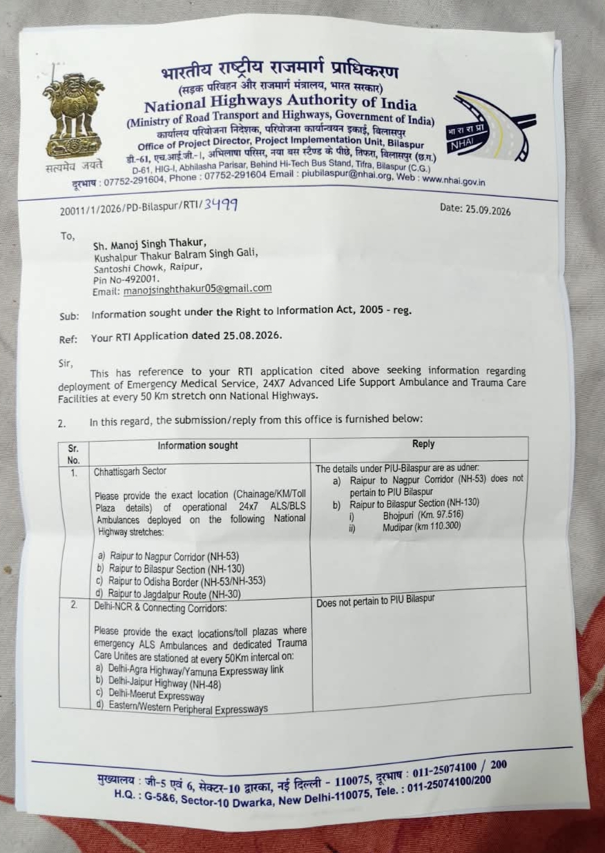 NHAI RTI case, Manoj Singh Thakur, Raipur Bilaspur NH-130, National Highway Ambulance System, NHAI First Appeal, Road Accident Trauma Care, Chhattisgarh, Khabargali
