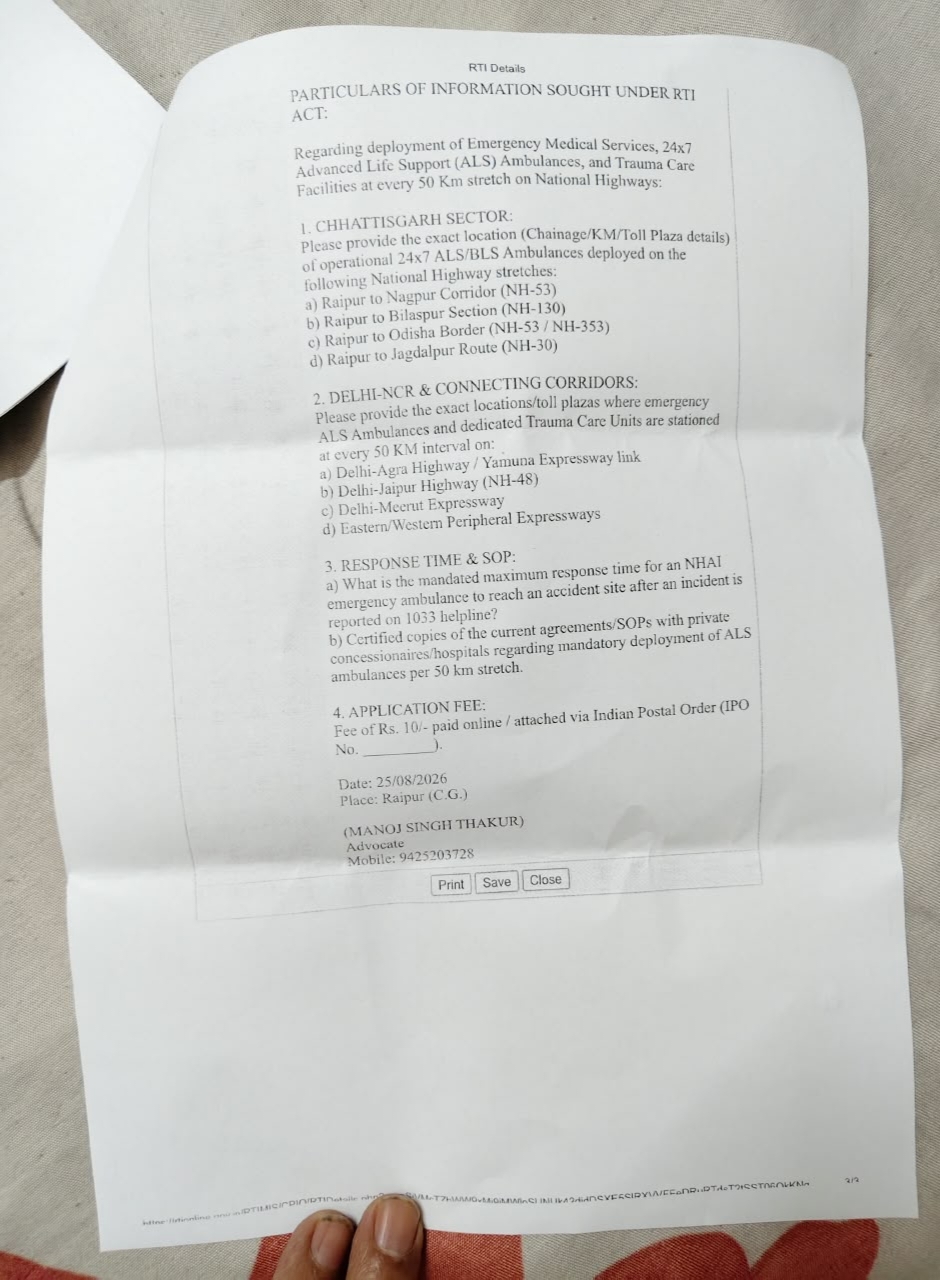 NHAI RTI case, Manoj Singh Thakur, Raipur Bilaspur NH-130, National Highway Ambulance System, NHAI First Appeal, Road Accident Trauma Care, Chhattisgarh, Khabargali