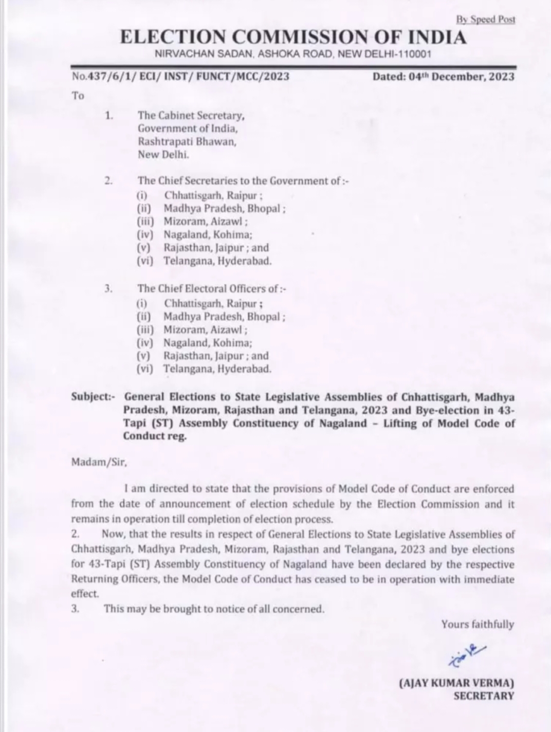 Model Code of Conduct ends in Chhattisgarh, Election Commission of India, Khabargali
