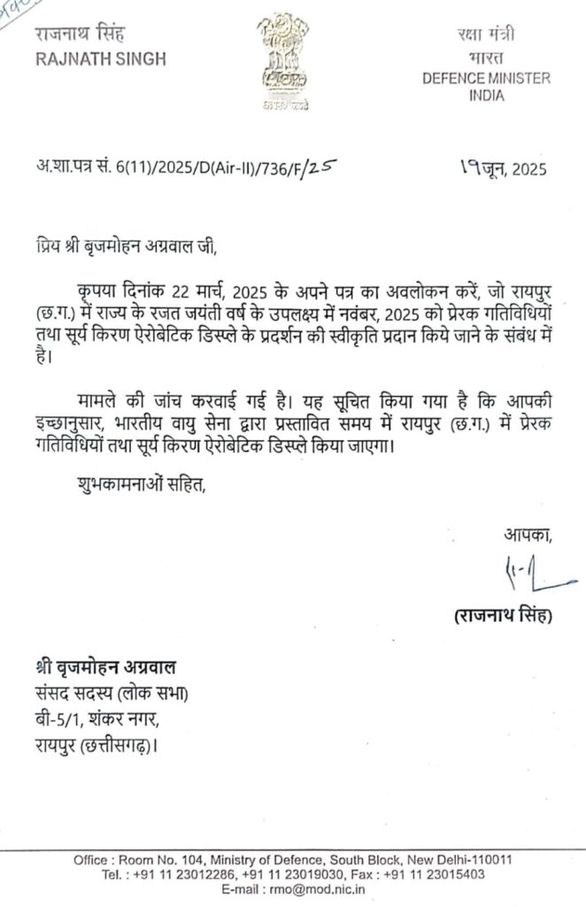 This time the Indian Air Force will perform on the silver jubilee of the state, the Defense Minister gave approval on the initiative of MP Brijmohan, Chhattisgarh, Khabargali