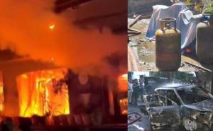 A massive fire broke out during the charging of an EV car, four gas cylinders exploded like bombs, burning eight people alive.khabargali hindi news  latest news big news khabargali 