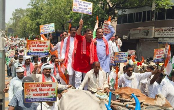 Chhattisgarh faces a fertilizer and seed crisis; Congress leaders surround the Collectorate; Congress workers and farmers arrive with bullock carts. bilaspur hindi news khabargali 
