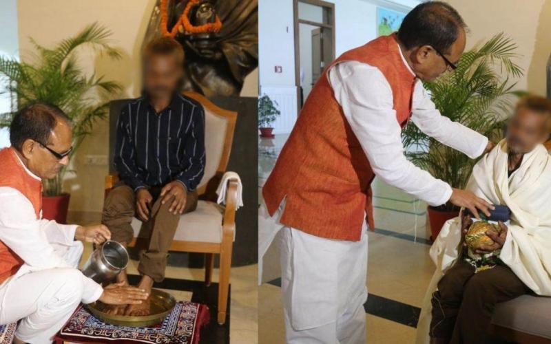 CM Shivraj honored the victim of Sidhi case by washing his feet, apologized, Congress will knock on the door of the President against the incident, Shivraj government took strict action against Pravesh Shukla, accused of urinating on a tribal youth in Sidhi, khabargali