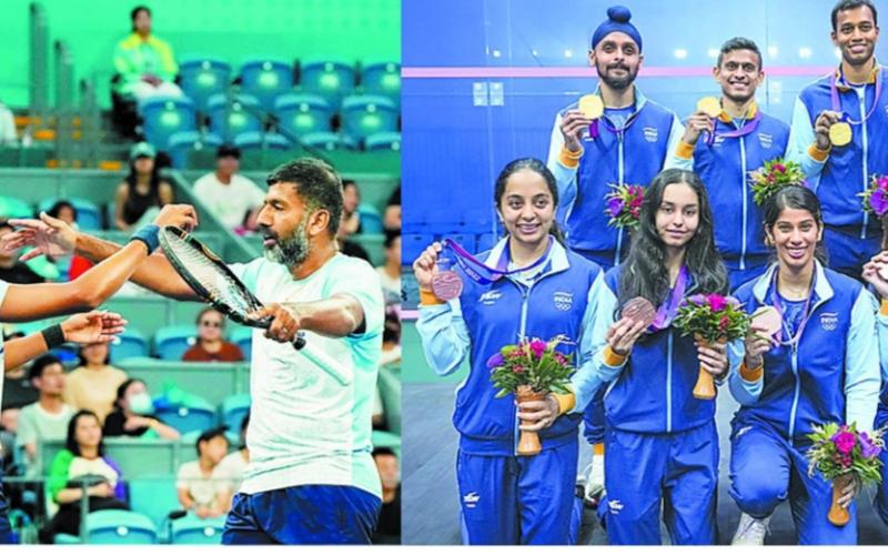 Asiad, won gold in squash and tennis, silver in shooting, silver and bronze in athletics, Rohan Bopanna and Rutuja Bhosle, India, Sarabjot Singh and Divya TS, Saurav Ghoshal, Abhay Singh, Sandhu Harinder and Mahesh Mangavankar, Khabargali