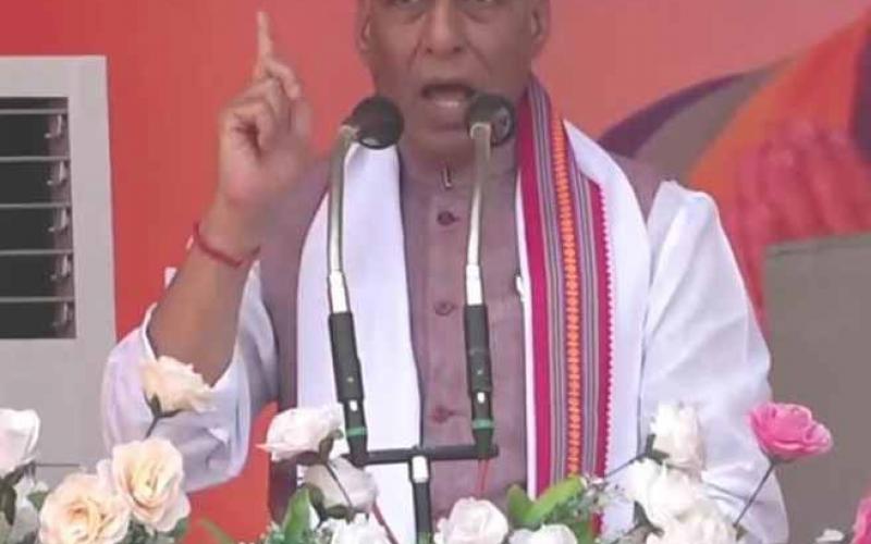 Union Defence Minister Rajnath Singh at the election rally in Geedam, BJP candidate from Bastar Lok Sabha seat Mahesh Kashyap, Chhattisgarh, Khabargali