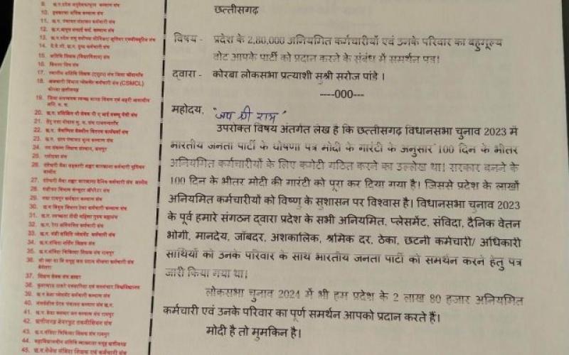 2 lakh 80 thousand employees decided to support BJP in Lok Sabha elections, Chhattisgarh Joint Irregular Employees Federation gave letter of support, Khabargali