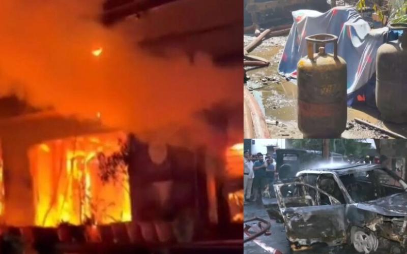 A massive fire broke out during the charging of an EV car, four gas cylinders exploded like bombs, burning eight people alive.khabargali hindi news  latest news big news khabargali 