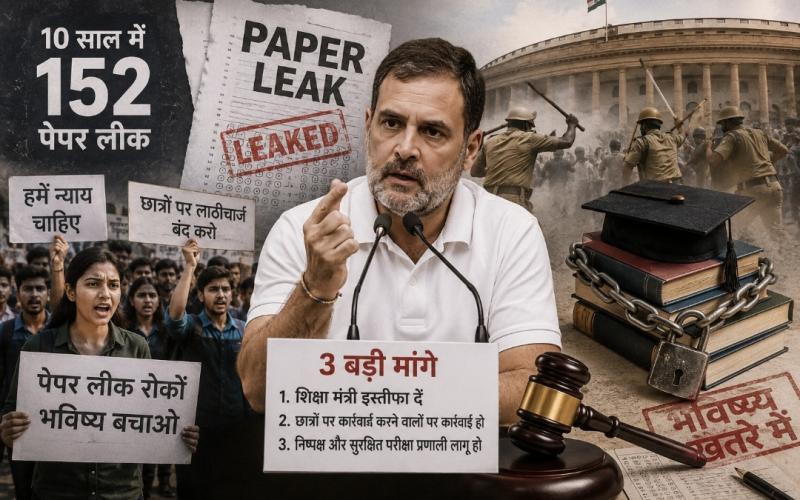 Rahul Gandhi attacks the central government over the education system: Claims 152 paper leaks in 10 years, makes three major demands, including the resignation of the Education Minister. Paper leaks, Rahul Gandhi, Education Minister Dharmendra Pradhan, student protests, education system. Rahul Gandhi's major allegation: "Paper leaks put the future of 75 million students at stake." Khabargali