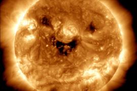 smiling sun, nasa, satellite, coronal hole, ultraviolet light, solar dynamics observatory, sun, space, news