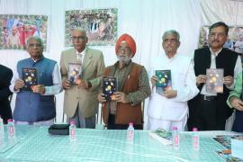 Late Dr. Hemu Yadu's last work 'Mysterious Discovery of Om Lipi', awarded with the Golden Book of World Records, was released, CB Bajpai, former Justice of Chhattisgarh High Court, Bilaspur and former Vice Chancellor of Hidayatullah National University and Brijmohan Aggarwal, Education, Religious Trust and Endowment.  , Minister of Tourism and Culture, Khabargali