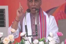 Union Defence Minister Rajnath Singh at the election rally in Geedam, BJP candidate from Bastar Lok Sabha seat Mahesh Kashyap, Chhattisgarh, Khabargali