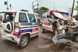 Major collision involving three vehicles on the Raipur-Arang highway; Dial-112 vehicle and passenger bus damaged. hindi news big news khabargali 