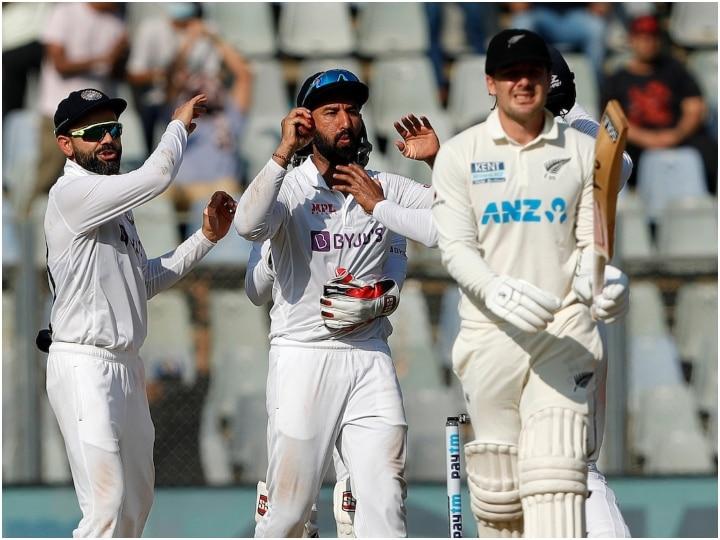 India and New Zealand, New Zealand's spin bowler Ejaz Patel, Wankhede Stadium, Mumbai, Kiwi team, Mohd.  siraj, akshar patel, ashwani, cricket match, khabargali