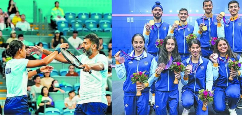 Asiad, won gold in squash and tennis, silver in shooting, silver and bronze in athletics, Rohan Bopanna and Rutuja Bhosle, India, Sarabjot Singh and Divya TS, Saurav Ghoshal, Abhay Singh, Sandhu Harinder and Mahesh Mangavankar, Khabargali