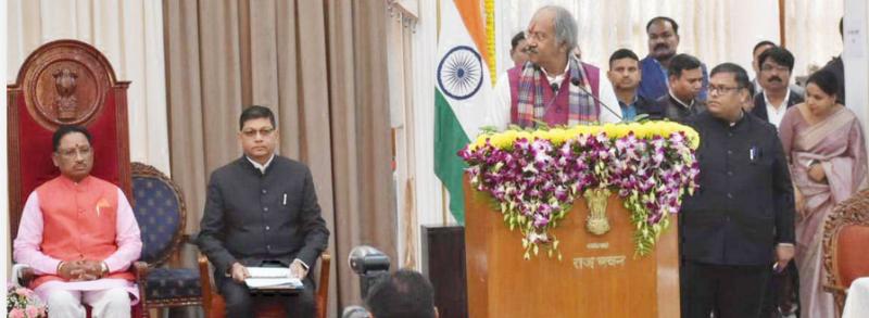Chief Minister Vishnu Dev Sai, Deputy CM Arun Sao, Vijay Sharma, Governor Harichandan, Raj Bhavan, Brijmohan Agarwal, Ramvichar Netam, Dayaldas Baghel, Kedar Kashyap, Lakhan Lal Dewangan, Shyam Bihari Jaiswal, OP Choudhary, Lakshmi Rajwade and Tankaram Verma took oath,  khabargali