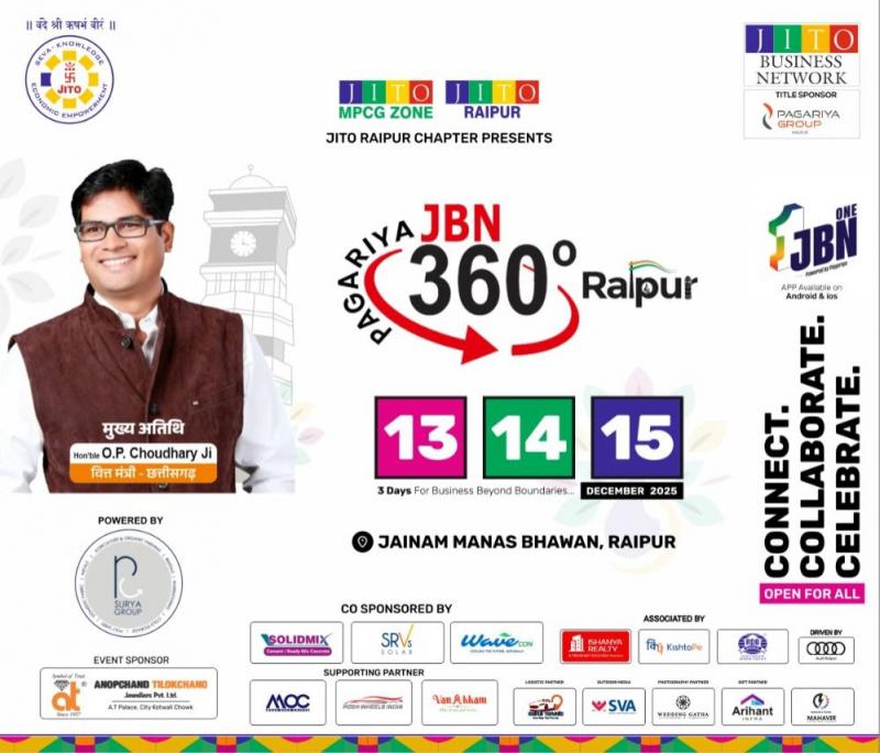 JITO PAGARIYA JBN 360,National Business Conclave to begin in Raipur on December 13th; Entrepreneurs, professionals and industry experts from across the country to come together on a single platform, Prithviraj Kothari, Trilokchand Bardia, Rahul Jain and Deepak Sanghvi, Dr. Ujjwal Patni, Event Director Nikesh Bardia, Raipur, Chhattisgarh, Jain International Trade Organization, Jainam Manas Bhawan, Khabargali