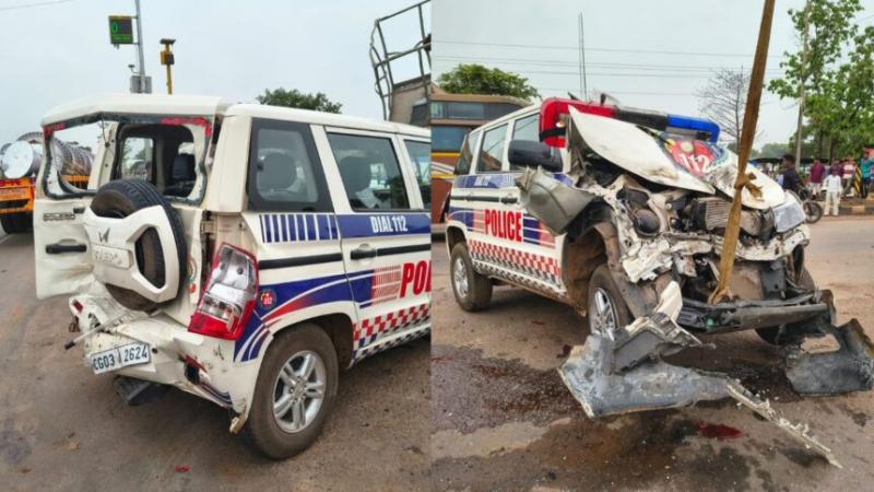 Major collision involving three vehicles on the Raipur-Arang highway; Dial-112 vehicle and passenger bus damaged. hindi news big news khabargali 